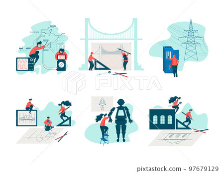 People Characters Engineering Project Engaged in Construction and Design Vector Set 97679129