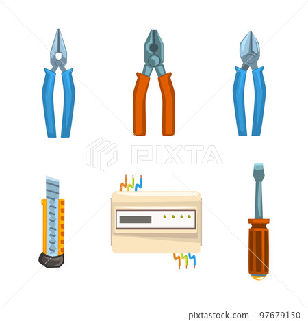Electrician Hand Tool and Equipment with Pliers and Screwdriver Vector Set. Electrician Hand Tool and Equipment with Pliers and Screwdriver Vector Set. 97679150