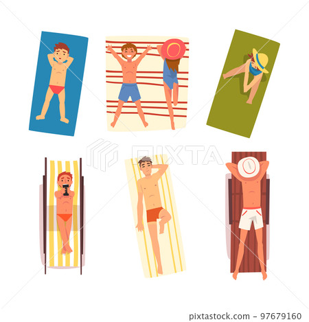 People Character Sunbathing Lying on Blanket at Sandy Beach Enjoying Hot Summer Vector Illustration Set 97679160