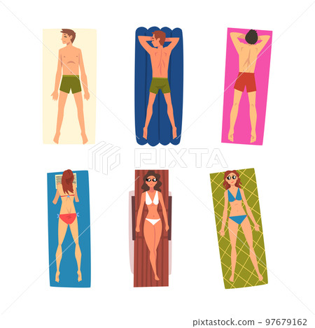 People Character Sunbathing Lying on Blanket at Sandy Beach Enjoying Hot Summer Vector Illustration Set 97679162