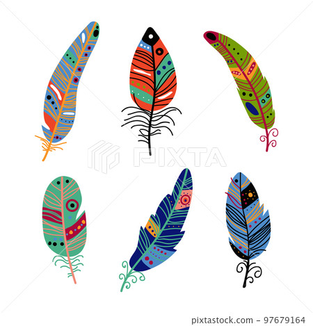 Colorful Feather and Plumage as Boho Tribal Element Vector Set 97679164