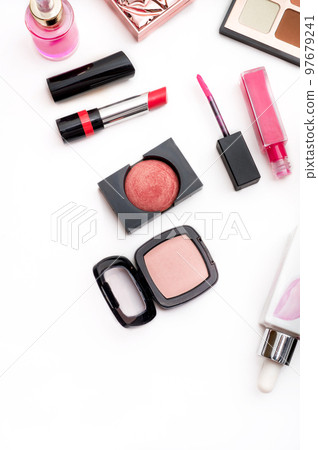 Set of luxury cosmetics for fashion make up on white background Set of luxury cosmetics for fashion make up on white background 97679241
