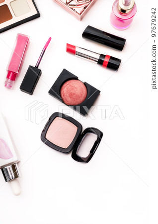 Set of luxury cosmetics for fashion make up on white background Set of luxury cosmetics for fashion make up on white background 97679242