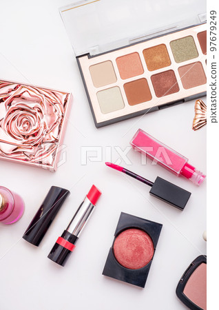Set of luxury pink cosmetics for fashion make up  on white  background 97679249