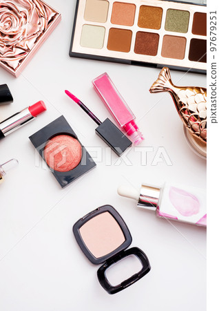 Set of luxury cosmetics for fashion make up on white background Set of luxury cosmetics for fashion make up on white background 97679251