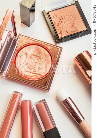 Set of luxury beautiful cosmetics for fashion make up on white background Set of luxury beautiful cosmetics for fashion make up on white background 97679345