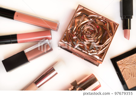 Set of luxury beautiful cosmetics for fashion make up on white background Set of luxury beautiful cosmetics for fashion make up on white background 97679355