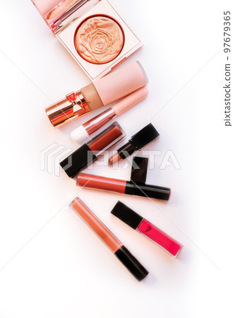 Set of luxury beautiful cosmetics for fashion make up on white background Set of luxury beautiful cosmetics for fashion make up on white background 97679365