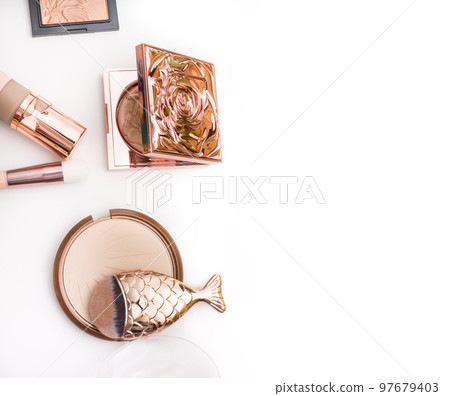 Set of luxury cosmetics for fashion make up on white background Set of luxury cosmetics for fashion make up on white background 97679403