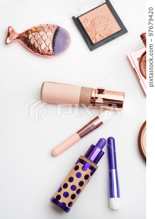 Set of luxury cosmetics for fashion make up on white background Set of luxury cosmetics for fashion make up on white background 97679420