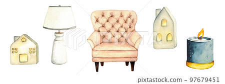 Wicker basket, electric lamp, toy lama, armchair, lantern. Watercolor illustration interior of living room. Clipart. Home decor elements on a white background. Interior Children's room. 97679451