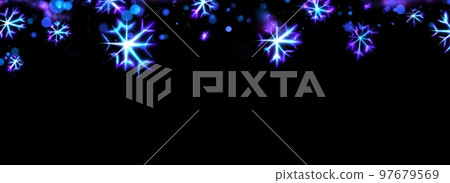 Merry Christmas and Happy New Year blue glowing snowflake background. Neon lights. Shining winter backdrop, xmas. Fluorescent, luminescent illumination 97679569