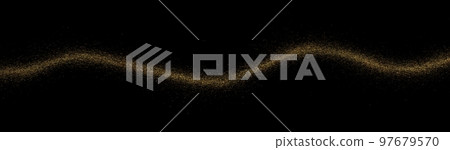 Wavy golden horizontal stripe, plume crumbs. Gold abstract wave sprinkled texture, jewelry dust in black background. Sand particles or pieces. 97679570