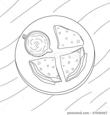 Triangle folded cornmeal tortillas and sauceboat on a round plate on a wooden background. Line art Triangle folded cornmeal tortillas and sauceboat on a round plate on a wooden background. Line art 97680067