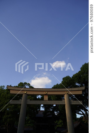 meiji shrine shrine harajuku tokyo japan building blue sky blue clouds outdoors torii tree nature couple couple tree couple 97680089