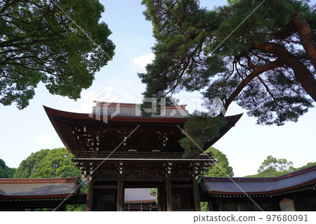 meiji shrine shrine harajuku tokyo japan building blue sky blue clouds outdoors torii tree nature couple couple tree couple 97680091