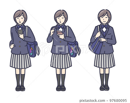 背著學生書包上學的西裝外套制服女高中生全身插畫組 背著學生書包上學的西裝外套制服女高中生全身插畫組 97680095