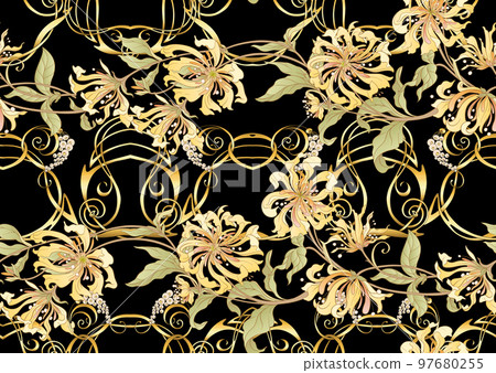 Decorative flowers and leaves in art nouveau style seamless pattern 97680255