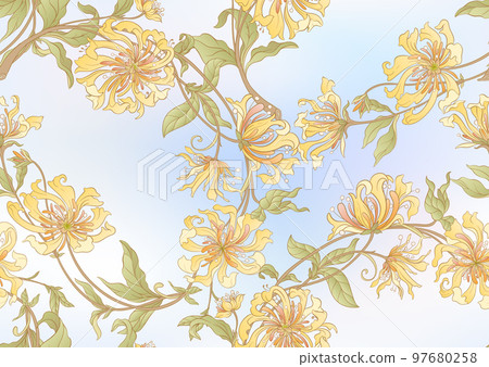 Decorative flowers and leaves in art nouveau style seamless pattern Decorative flowers and leaves in art nouveau style seamless pattern 97680258