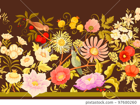 Fantasy flowers and birds in retro, vintage, jacobean embroidery style.  97680260