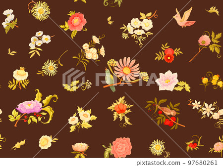 Fantasy flowers and birds in retro, vintage, jacobean embroidery style.  97680261