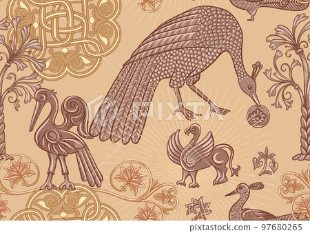 Byzantine traditional historical motifs of animals, birds, flowers and plants. Byzantine traditional historical motifs of animals, birds, flowers and plants. 97680265