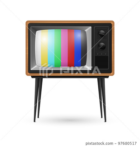 Vector 3d Realistic Brown Wooden Retro Striped Screen TV Receiver Isolated on White Background. Home Interior Design Concept. Vintage TV Set, Television, Front View Vector 3d Realistic Brown Wooden Retro Striped Screen TV Receiver Isolated on White Background. Home Interior Design Concept. Vintage TV Set, Television, Front View 97680517