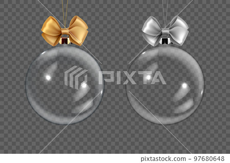 Vector Realistic 3d Transparent Christmas Glass Ball Set with Golden and Silver Glitter Closeup Isolated. Design Template of Xmas and New Year Tree Toy Decoration Ball for Mockup. Front View Vector Realistic 3d Transparent Christmas Glass Ball Set with Golden and Silver Glitter Closeup Isolated. Design Template of Xmas and New Year Tree Toy Decoration Ball for Mockup. Front View 97680648