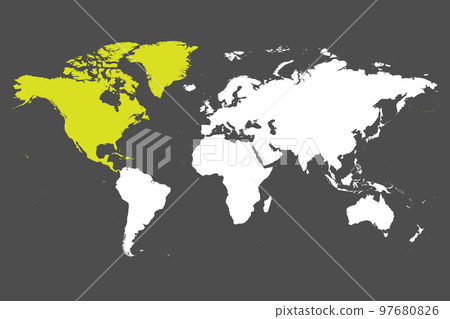 North America continent green marked in white silhouette of World map. Simple flat vector illustration. North America continent green marked in white silhouette of World map. Simple flat vector illustration. 97680826