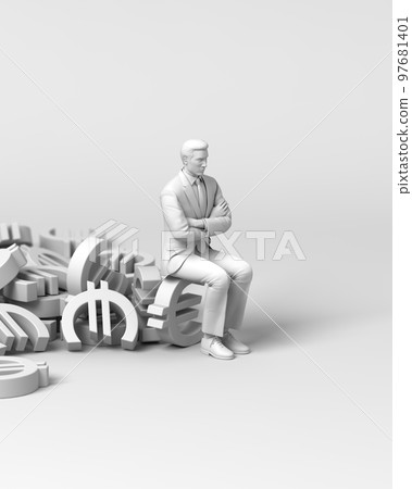 Businessman sitting on euro symbol and thinking Businessman sitting on euro symbol and thinking 97681401