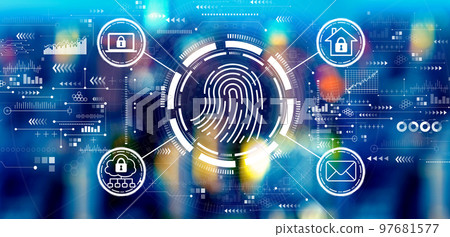 Fingerprint scanning theme with big city lights 97681577