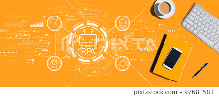 Robotic Process Automation theme with computer keyboard and office items 97681581