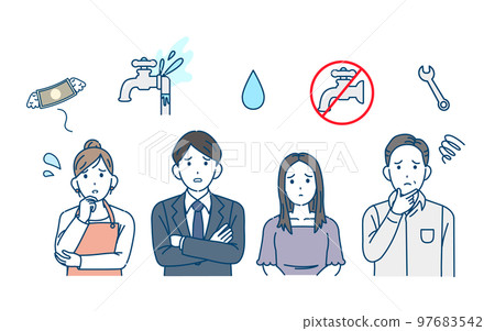 Illustrations of people who are troubled by troubles related to water supply such as water leaks and water outages Illustrations of people who are troubled by troubles related to water supply such as water leaks and water outages 97683542