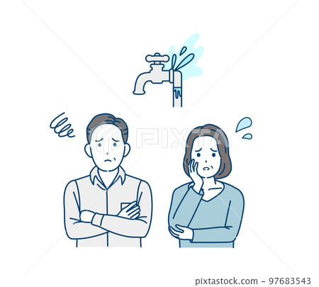 Illustration of a middle-aged couple, a family troubled by water leakage 97683543