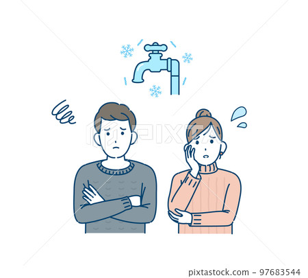 Illustration of a family and a couple who are having trouble freezing the water supply 97683544
