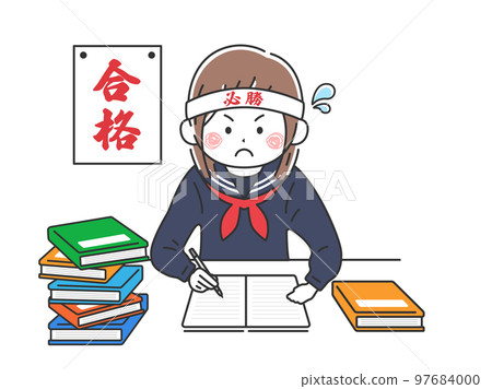 Illustration of a female student in uniform wrapping a headband and studying for an exam 97684000