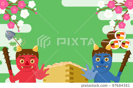 可愛惡魔節分日的矢量框架插圖素材，豆散和Eho-maki_綠色_水平_無文字 97684381