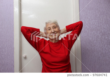 Portrait of happy senior woman laughing isolated on white studio background. Human emotions concept. emotional old lady standing indoor Portrait of happy senior woman laughing isolated on white studio background. Human emotions concept. emotional old lady standing indoor 97684741