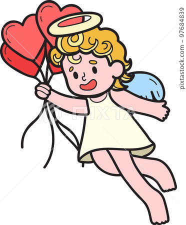 Hand Drawn Cupid with heart balloons illustration 97684839