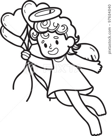 Hand Drawn Cupid with heart balloons illustration 97684840