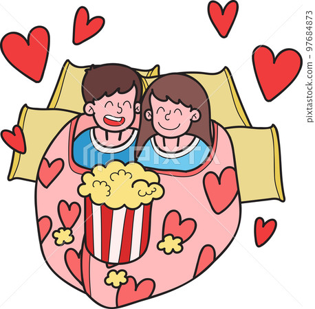 Hand Drawn man and woman watching a movie in a blanket illustration 97684873
