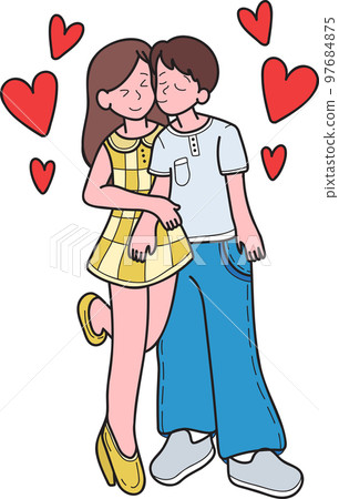 Hand Drawn man kissing woman cheek illustration 97684875
