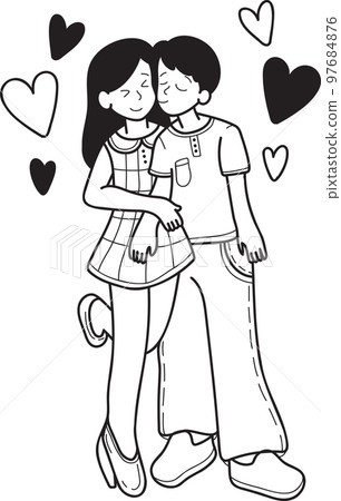 Hand Drawn man kissing woman cheek illustration 97684876