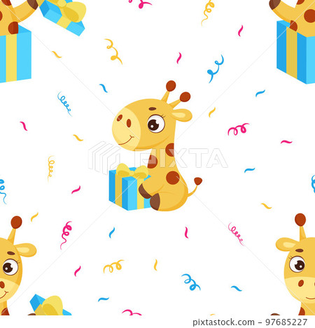 Cute little giraffe with gift box seamless childish pattern. Funny cartoon character for fabric, wrapping, textile, wallpaper, apparel. Vector illustration 97685227