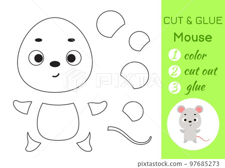 Color, cut and glue paper little mouse. Cut and paste crafts activity page. Educational game for preschool children. DIY worksheet. Kids logic game, puzzle. Vector stock illustration 97685273