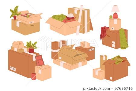 Set of cardboard box piles, flat vector illustration isolated on white background. Set of cardboard box piles, flat vector illustration isolated on white background. 97686716