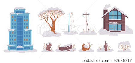 Snowy city elements - buildings, trees, stumps, street light and transmission tower. Snowy city elements - buildings, trees, stumps, street light and transmission tower. 97686717