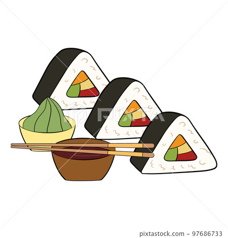 A set of triangular shaped sushi with sauce and wasabi and chopsticks. vector illustration on a white background 97686733