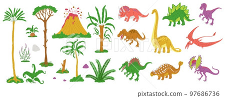 Jurassic and Mesozoic era icons set of dinosaurs and plants flat vector isolated. Jurassic and Mesozoic era icons set of dinosaurs and plants flat vector isolated. 97686736