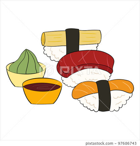 Sushi set with daikon, salmon, tuna and nori. vector illustration on a white background Sushi set with daikon, salmon, tuna and nori. vector illustration on a white background 97686743